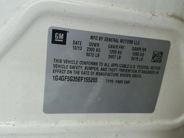 1G4GF5G35EF155265 - 2014 BUICK LACROSSE T WHITE photo 10