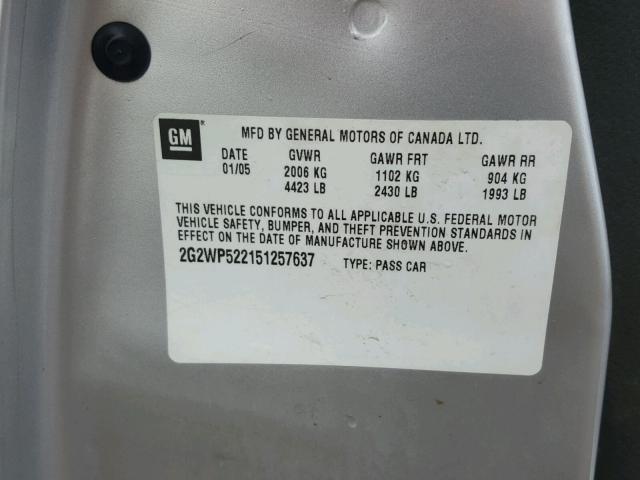 2G2WP522151257637 - 2005 PONTIAC GRAND PRIX SILVER photo 10