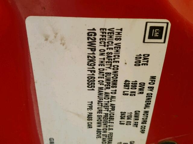 1G2WP12K91F163551 - 2001 PONTIAC GRAND PRIX RED photo 10