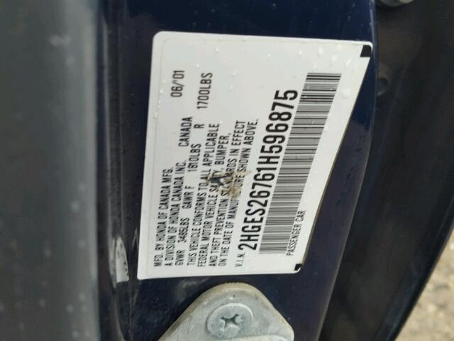 2HGES26761H596875 - 2001 HONDA CIVIC EX 蓝色 照片 10