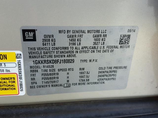 1GKKRSKD8FJ180829 - 2015 GMC ACADIA SLT 棕色 照片 10