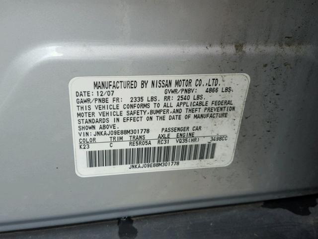 JNKAJ09E88M301778 - 2008 INFINITI EX35 BASE SILVER photo 10