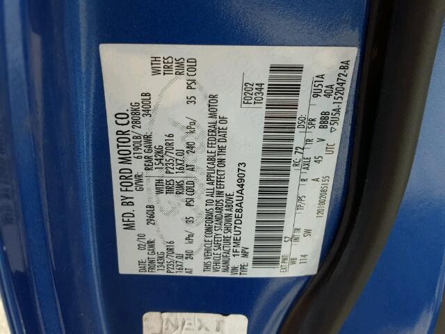 1FMEU7DE8AUA49073 - 2010 FORD EXPLORER X BLUE photo 10