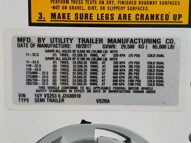 1UYVS2536J2436910 - 2018 UTILITY TRAILER WHITE photo 10