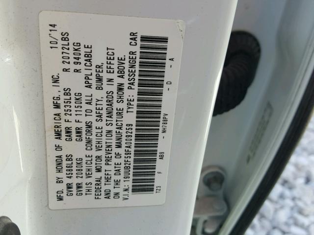 19UUB2F59FA009259 - 2015 ACURA TLX TECH WHITE photo 10