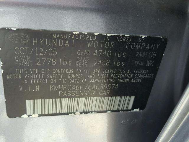 KMHFC46F76A039574 - 2006 HYUNDAI AZERA SE SILVER photo 10