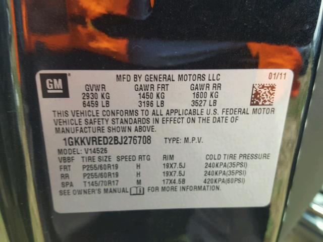 1GKKVRED2BJ276708 - 2011 GMC ACADIA SLT შავი ფოტო 10