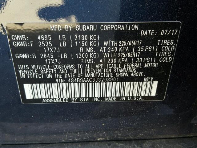 4S4BSAAC3J3203901 - 2018 SUBARU OUTBACK 2. BLUE photo 10