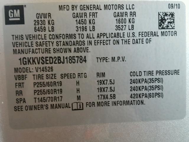 1GKKVSED2BJ185784 - 2011 GMC ACADIA SLT 银色 照片 10