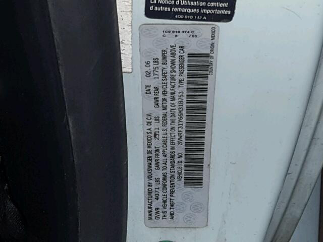 3VWRF31Y66M318753 - 2006 VOLKSWAGEN NEW BEETLE 白色 照片 10