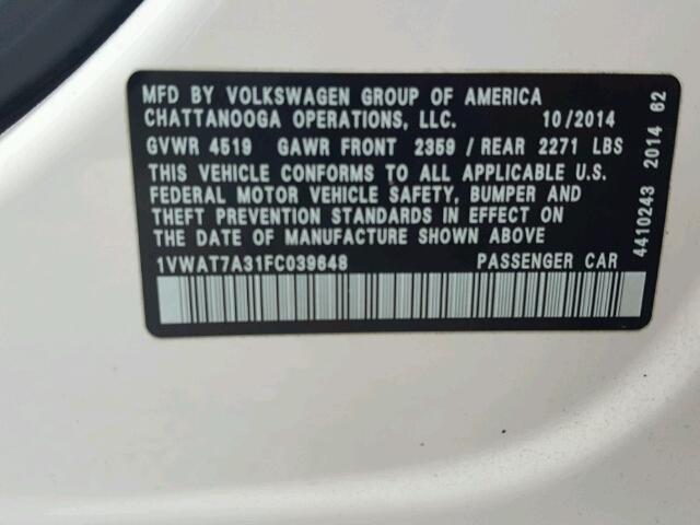 1VWAT7A31FC039648 - 2015 VOLKSWAGEN PASSAT S أبيض صورة 10