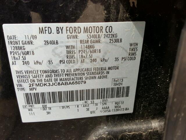 2FMDK3JC8ABA65079 - 2010 FORD EDGE SEL BLACK photo 10