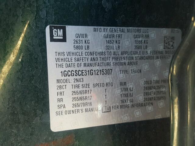 1GCGSCE31G1215307 - 2016 CHEVROLET COLORADO L GREEN photo 10