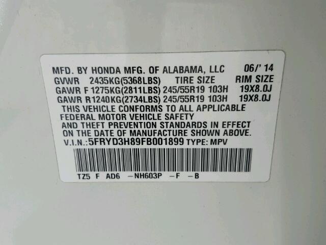 5FRYD3H89FB001899 - 2015 ACURA MDX ADVANC WHITE photo 10