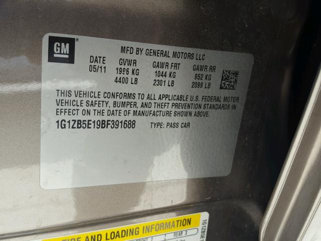 1G1ZB5E19BF391688 - 2011 CHEVROLET MALIBU LS ნაცრისფერი ფოტო 10