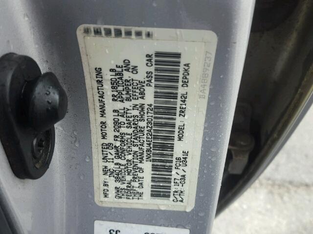 1NXBU4EE2AZ301724 - 2010 TOYOTA COROLLA BA GRAY photo 10