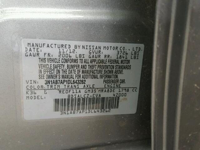 3N1AB7AP1DL643262 - 2013 NISSAN SENTRA GRAY photo 10