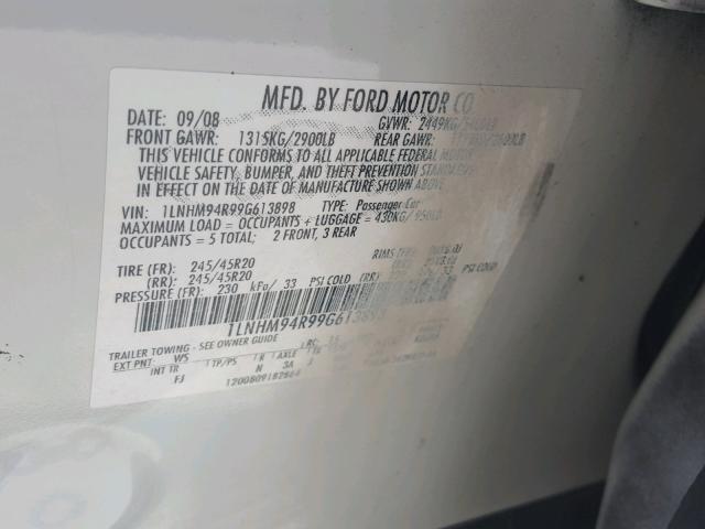 1LNHM94R99G613898 - 2009 LINCOLN MKS WHITE photo 10