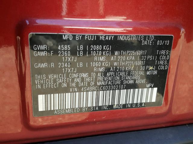 4S4BRCLC6D3302107 - 2013 SUBARU OUTBACK 2. RED photo 10