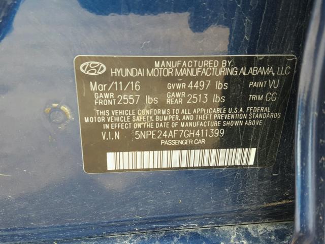 5NPE24AF7GH411399 - 2016 HYUNDAI SONATA SE ლურჯი ფოტო 10