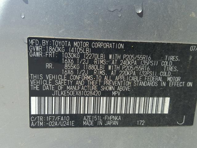 JTLKE50EX81028420 - 2008 TOYOTA SCION XB ვერცხლისფერი ფოტო 10