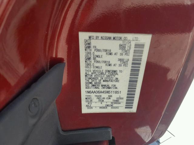 1N6AA06A45N511851 - 2005 NISSAN TITAN XE RED photo 10