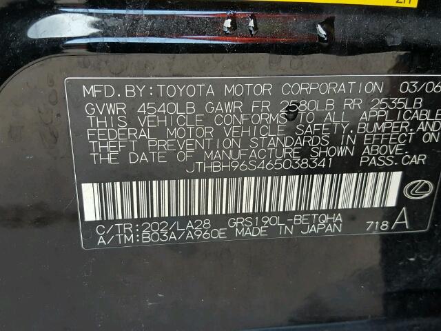 JTHBH96S465038341 - 2006 LEXUS GS GENERAT BLACK photo 10