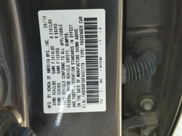 1HGCR6F56FA001179 - 2015 HONDA ACCORD HYB GRAY photo 10