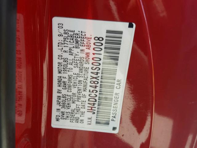JH4DC548X4S001008 - 2004 ACURA RSX RED photo 10