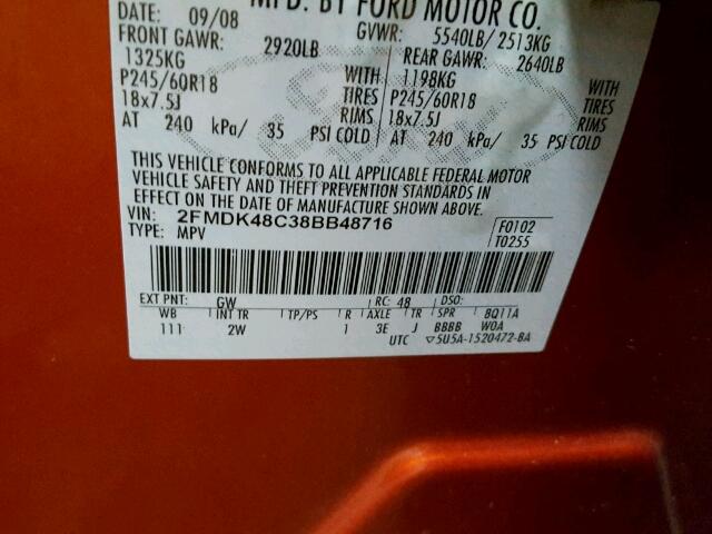 2FMDK48C38BB48716 - 2008 FORD EDGE SEL ORANGE photo 10