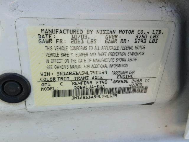 3N1AB51A54L740139 - 2004 NISSAN SENTRA 2.5 WHITE photo 10