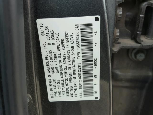 1HGCP2F87BA026319 - 2011 HONDA ACCORD EXL GRAY photo 10