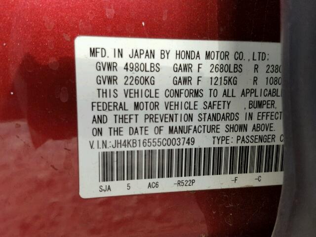 JH4KB16555C003749 - 2005 ACURA RL წითელი ფოტო 10