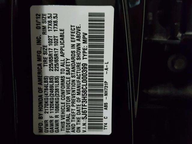5J6TF3H58CL000399 - 2012 HONDA CROSSTOUR შავი ფოტო 10