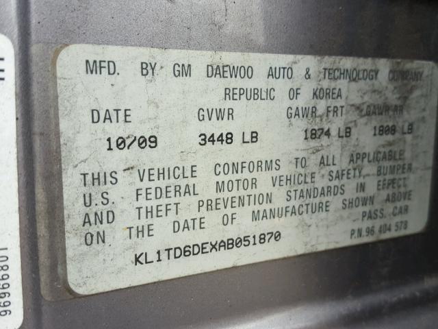 KL1TD6DEXAB051870 - 2010 CHEVROLET AVEO LS SILVER photo 10