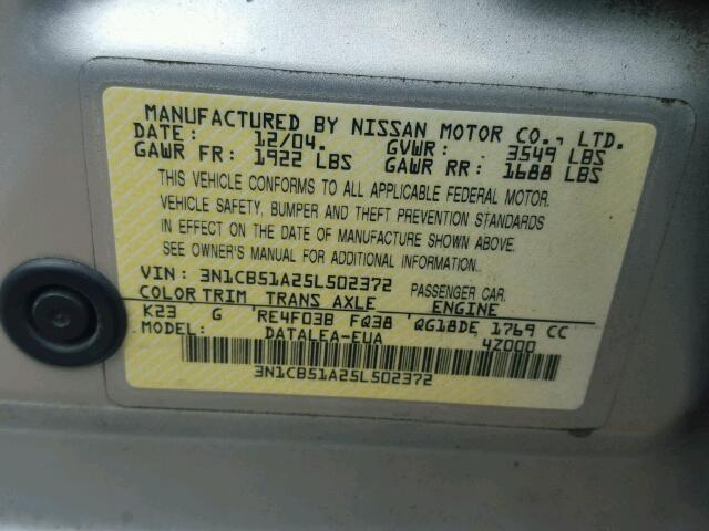 3N1CB51A25L502372 - 2005 NISSAN SENTRA 1.8 SILVER photo 10