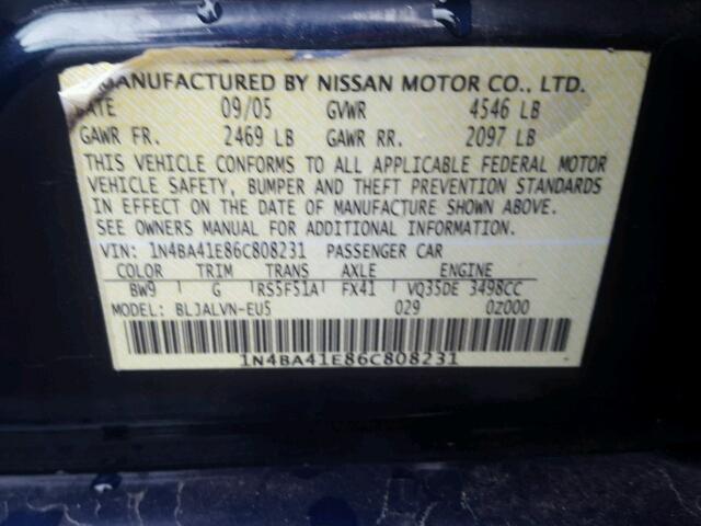 1N4BA41E86C808231 - 2006 NISSAN MAXIMA SE BLUE photo 10