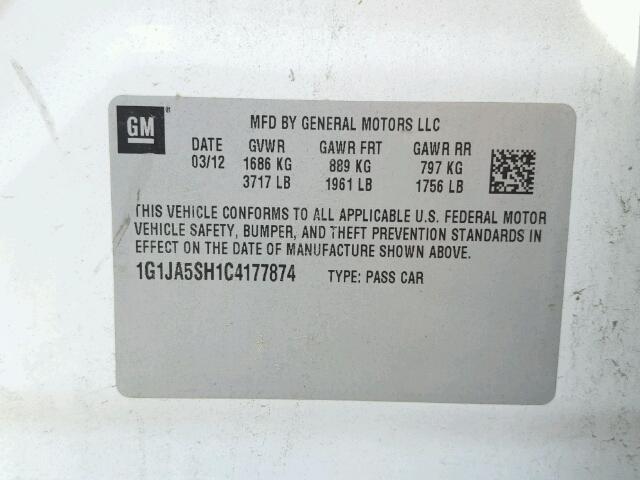 1G1JA5SH1C4177874 - 2012 CHEVROLET SONIC LS WHITE photo 10