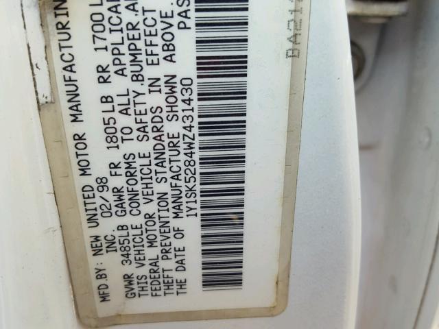 1Y1SK5284WZ431430 - 1998 CHEVROLET GEO PRIZM 白色 照片 10