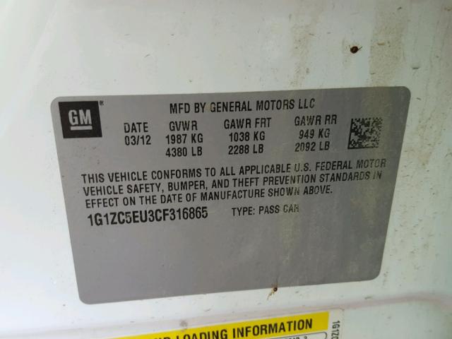 1G1ZC5EU3CF316865 - 2012 CHEVROLET MALIBU 1LT WHITE photo 10