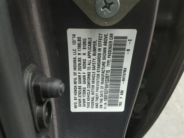 19XFB2F96FE028715 - 2015 HONDA CIVIC EXL GRAY photo 10