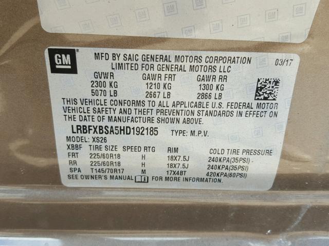 LRBFXBSA5HD192185 - 2017 BUICK ENVISION E BROWN photo 10