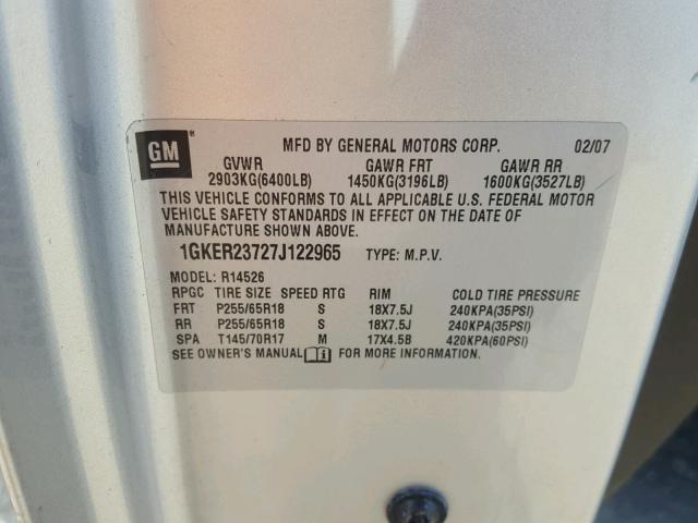 1GKER23727J122965 - 2007 GMC ACADIA SLT ვერცხლისფერი ფოტო 10