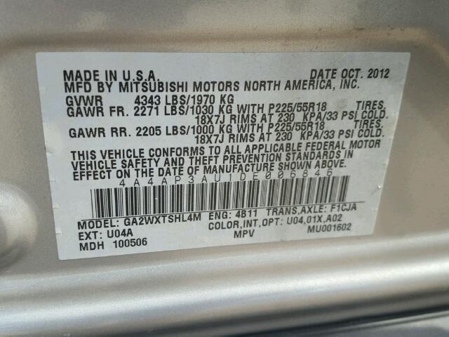 4A4AP3AU1DE006846 - 2013 MITSUBISHI OUTLANDER SILVER photo 10