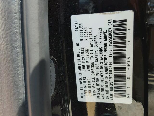 1HGCP2F75CA007504 - 2012 HONDA ACCORD EX BLACK photo 10