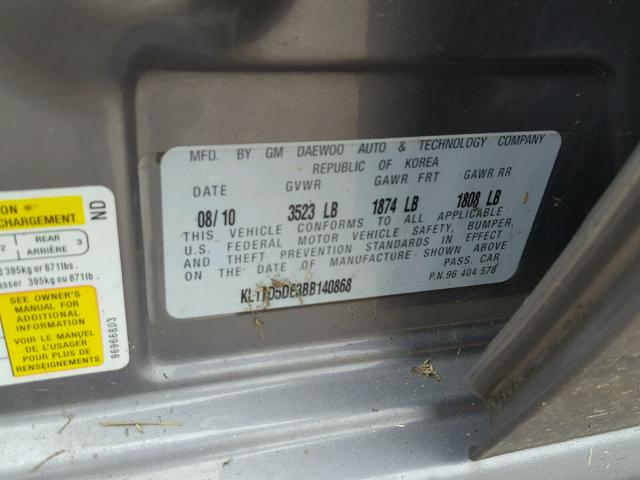 KL1TD5DE3BB140868 - 2011 CHEVROLET AVEO LS GRAY photo 10