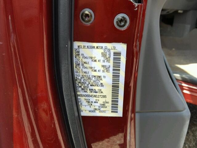 1N6BA06B45N527285 - 2005 NISSAN TITAN XE RED photo 10