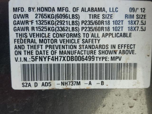 5FNYF4H7XDB006499 - 2013 HONDA PILOT EXLN GRAY photo 10