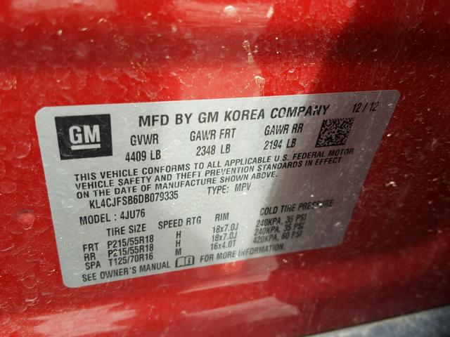 KL4CJFSB6DB079335 - 2013 BUICK ENCORE CON RED photo 10