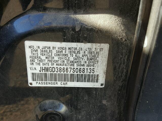 JHMGD38667S068135 - 2007 HONDA FIT S შავი ფოტო 10